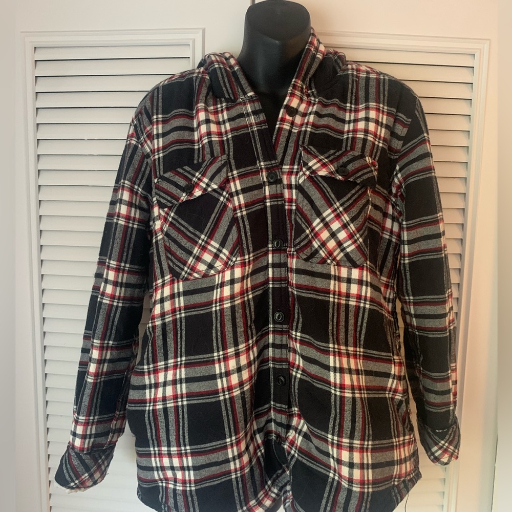 Sherpa Lined Hooded Flannel Shacket, Size Medium